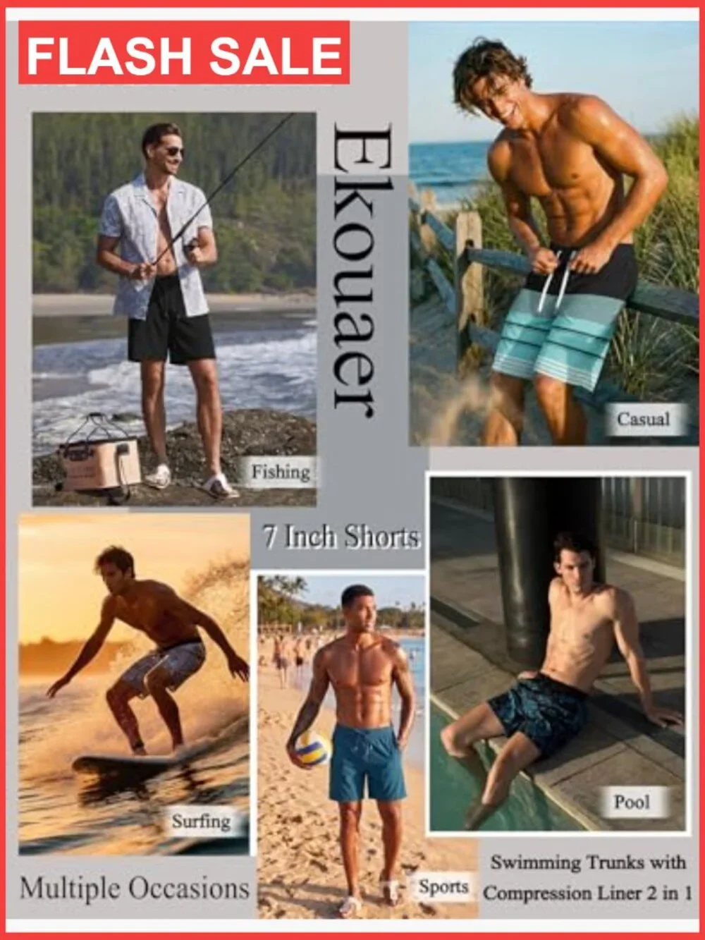 7-Inch Swim Trunks with Zip Pockets Quick-Dry Mesh Lining